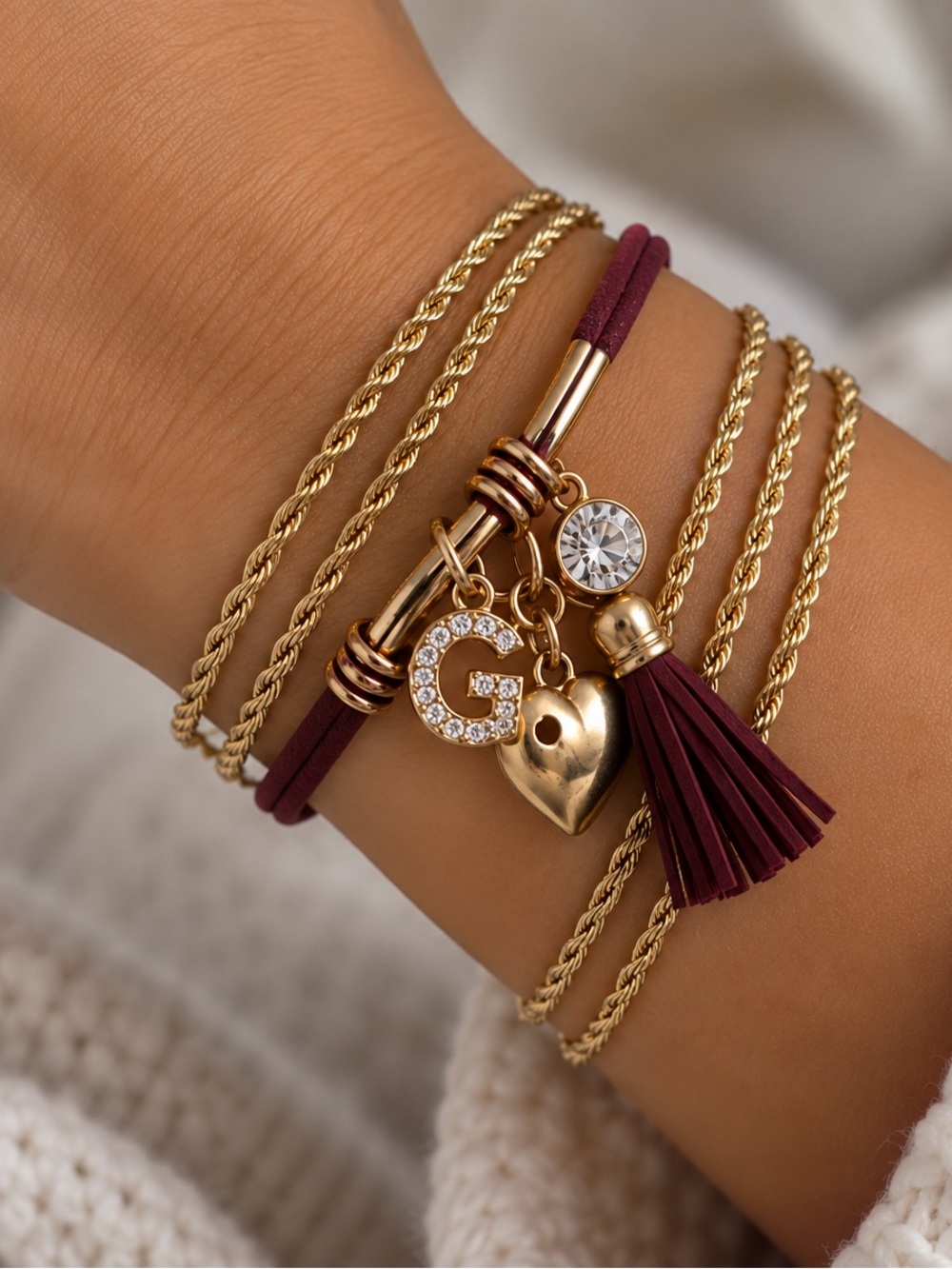 Gold and Burgundy Charm Bracelet Set with Heart & Initial G